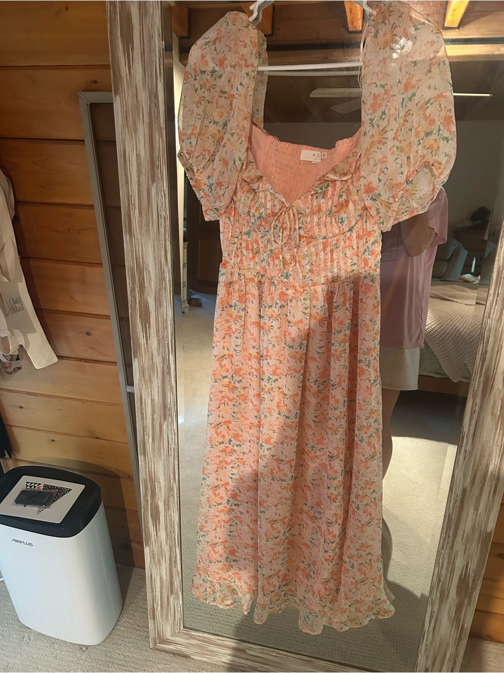 Anthropologie Peach Floral Puff-Sleeve Midi Dress